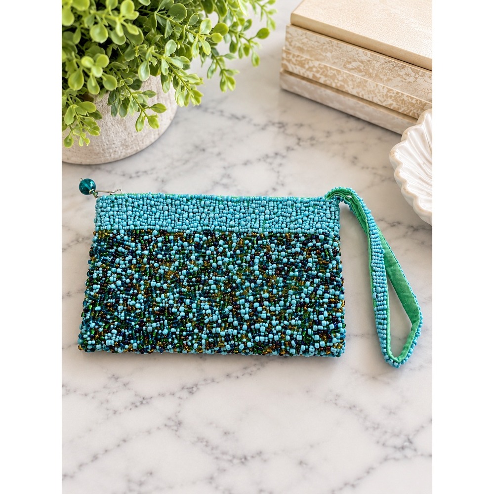 Handmade Blue Green Beaded Wristlet Clutch Bag Seed Bead Zipper Pouch Boho